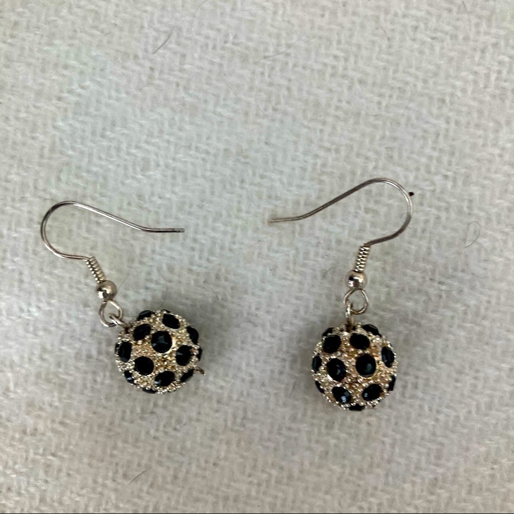 EARRINGS Black Rhinestones Encased in a Cylindrical Silver Tones Sphere